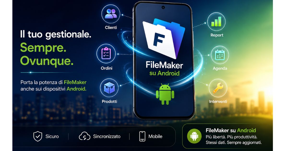 FileMaker su Android: il gestionale sempre con te Per molti anni utilizzare FileMaker su smartphone Android non è stato semplice. Chi sviluppa gestionali con FileMaker ha sempre potuto contare su un'esperienza eccellente su Windows, Mac, iPhone e iPad, mentre il mondo Android è rimasto privo di un'app ufficiale. Oggi, però, qualcosa sta cambiando. Grazie a Connector per FileMaker, è finalmente possibile utilizzare le proprie soluzioni FileMaker anche sui dispositivi Android, aprendo scenari estremamente interessanti per aziende, tecnici, commerciali e professionisti che lavorano fuori ufficio. Portare il proprio gestionale ovunque Immagina di poter consultare clienti, inserire ordini, aggiornare interventi tecnici, registrare consegne o compilare rapporti direttamente dal tuo smartphone Android. Non serve ricostruire il gestionale da zero né imparare una nuova piattaforma: il lavoro svolto negli anni con FileMaker continua ad avere valore anche nel mondo Android. Questo significa maggiore libertà operativa e la possibilità di lavorare dove serve davvero: dal cliente, in magazzino, in cantiere oppure durante un viaggio. Un ponte tra FileMaker e Android Connector nasce proprio con questo obiettivo: rendere accessibili le applicazioni FileMaker anche ai dispositivi Android, mantenendo un'esperienza d'uso semplice e familiare. Naturalmente ogni progetto va valutato singolarmente e alcune funzionalità potrebbero richiedere piccoli adattamenti, ma per molte realtà rappresenta una soluzione concreta per estendere il proprio gestionale senza rivoluzionare il software esistente. Perché può fare la differenza I vantaggi sono numerosi: accesso al gestionale da smartphone Android; maggiore mobilità per il personale esterno; possibilità di utilizzare dispositivi Android già presenti in azienda; continuità con gli investimenti effettuati nello sviluppo FileMaker; riduzione dei tempi di inserimento dati e degli errori. Una nuova opportunità per le aziende Sempre più aziende adottano smartphone Android come dispositivi aziendali. Poter utilizzare il proprio gestionale FileMaker anche su questi terminali significa aumentare la produttività senza modificare le abitudini di lavoro. È un passo importante verso una gestione ancora più moderna, flessibile e vicina alle esigenze operative quotidiane. Il nostro supporto In Sistemi Informatici Italia aiutiamo aziende e professionisti a progettare, sviluppare e ottimizzare soluzioni FileMaker personalizzate. Se desideri capire se Connector per Android è adatto al tuo gestionale, possiamo analizzare il tuo progetto e valutare insieme la soluzione più adatta. Perché un buon gestionale non dovrebbe mai avere confini... e oggi può seguirti anche nel palmo della tua mano.